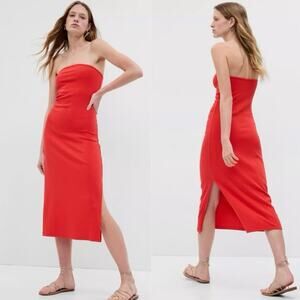 Gap Size Small Modern Strapless Split Hem Midi Dress Cotton Blend Red